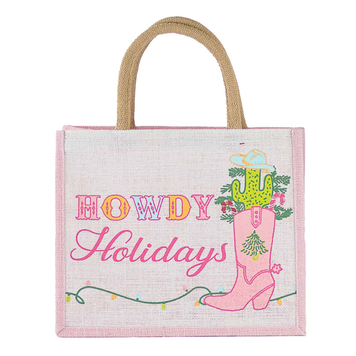 Howdy Holidays Gift Tote Light Pink/Multi 12x10x8